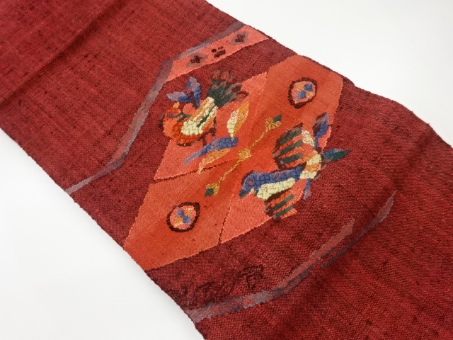 JAPANESE KIMONO / VINTAGE NAGOYA OBI / MAWATA TSUMUGI / WOVEN BIRDS & RHOMBUS